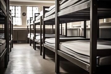A minimalistic hostel room with neatly arranged bunk beds and a comfortable mattress.