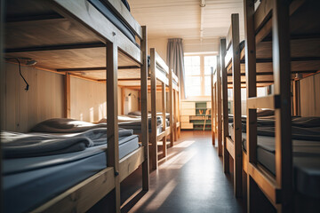 A modern dorm room with bunk beds, inviting travelers or students to rest peacefully. - obrazy, fototapety, plakaty