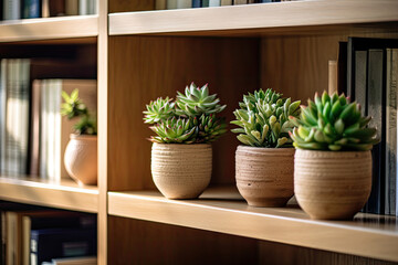 Small succulents in ceramic pots add a touch of nature to a book-filled library.