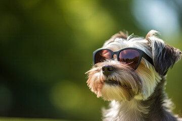 Portrait of terrier dog wearing sunglasses outdoors