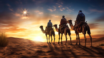 Christmas religious nativity concept. Three wise men on a camels on desert go to Shining bright bethlehem star. Epiphany concept, nativity of Jesus - obrazy, fototapety, plakaty