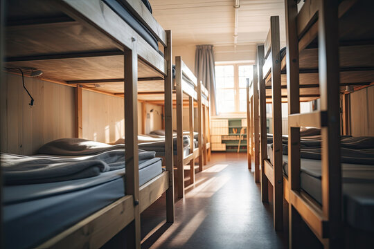 A modern dorm room with bunk beds, inviting travelers or students to rest peacefully.
