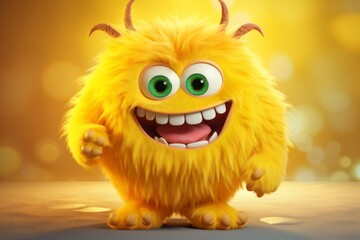 Fototapeta premium Cute yellow furry monster 3D cartoon character