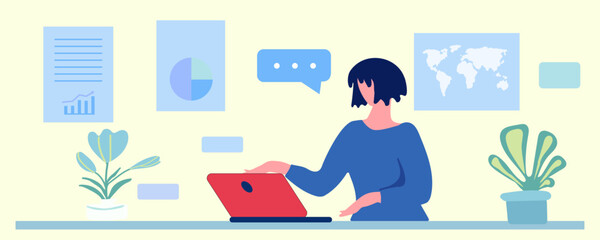 Remote work concept. Young woman working on a laptop in the office. Books, schedule, board, workplace. Vector illustration