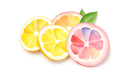 Watercolor painting depicts a variety of sliced citrus fruits on a white background