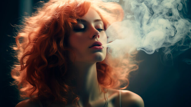 A beautiful young girl with orange hair exhales smoke, smoking. Bright style, youth and beauty. Bad habits. Girl on a dark background, portrait
