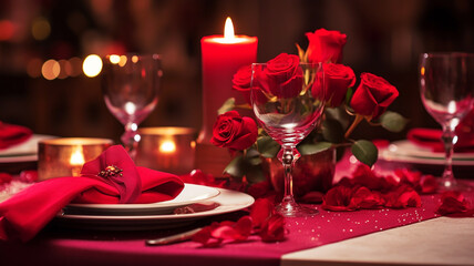 Festive table design in the restaurant for Valentine's day, decorative setting with flowers and candles