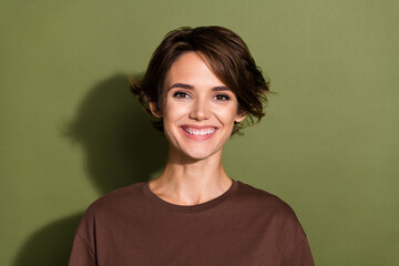 Portrait of cheerful positive cute woman with short hairdo wear oversize t-shirt smiling at camera...