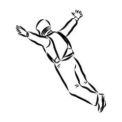 Hand drawn sketch of wingsuit in black isolated on white background.