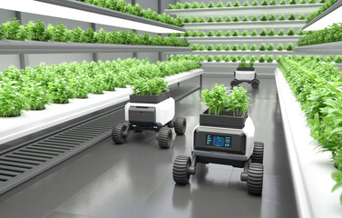 Robots are working on an organic farm, Smart robotic farmers concept, Agriculture technology, Farm...