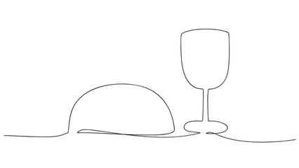 Continuous one line drawing of Wine and bread. Communion. Isolated in white background. Vector