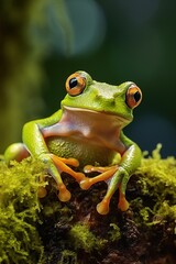 Green tree frog sitting on moss in the rainforest. Wildlife scene from nature.