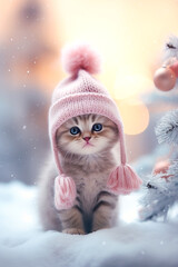 Obraz premium Cute kitten in knitted pastel pink hat on defocused snowy winter holiday background