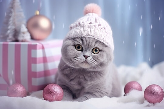  Cute british shorthair cat in knitted hat with Christmas gift boxes on holiday background