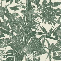 Seamless pattern background with Solomon's seal (Polygonatum multiflorum), palms, flowers,  monstera leaf drawing illustration. Exotic tropical line illustration. - 689052301