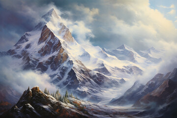 Naklejka premium snowy mountain peaks, oil painting