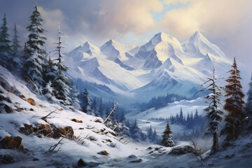 snowy mountain peaks, oil painting