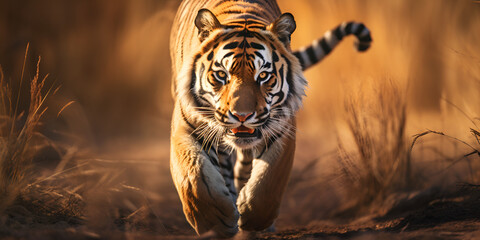 tiger in the forest,Tiger Walking Grass ,A Bengal Tiger in mid-stride, its powerful muscles rippling beneath its golden fur,Tiger Running ,Aggressive Tiger Intense Digital Illustration Of A Forest Wan