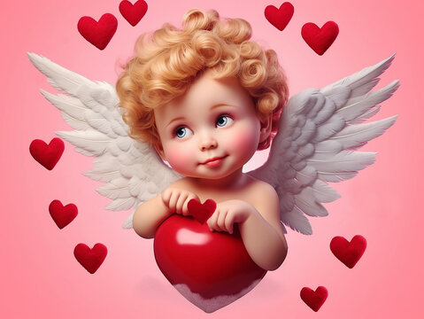 Cute little blonde baby angel cupid with wings holding a red heart