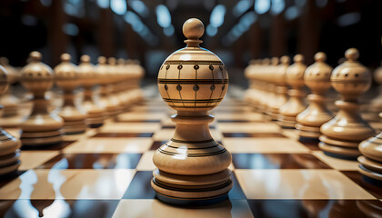 A wooden chess piece stands alone at the center of the game board among other pieces