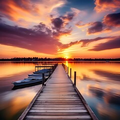 Fototapeta premium image sunset over a pier on with boats on a lake