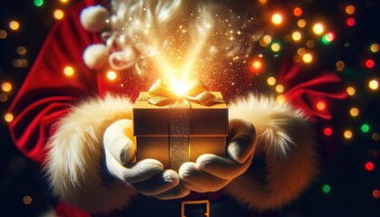 Heartwarming close-up of Santa Claus's hands as he opens a gift box, from which a dazzling golden light emerges, illuminating the scene with the spirit of Christmas.  - obrazy, fototapety, plakaty