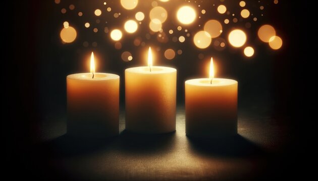 Three candles cast a soft and inviting glow, lined up against the velvety darkness, creating an oasis of peace.