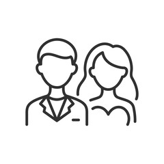 Bride and groom, linear icon. Wedding. A man in a suit and a woman in a wedding dress. Line with editable stroke