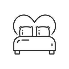 Bed for two, linear icon. A bed and a heart. Bed of newlyweds. Line with editable stroke