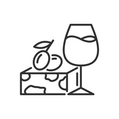Wine and cheese with olives, linear icon. Alcohol and appetizer. Line with editable stroke