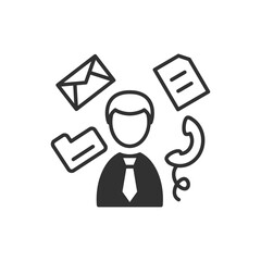 Multitasking work icon, Person in a business suit and the attributes of work, documents, phone, folder, letter. Monochrome black and white icon