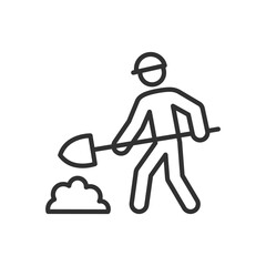 A helmeted man with a shovel is digging, linear icon. Digger. Line with editable stroke