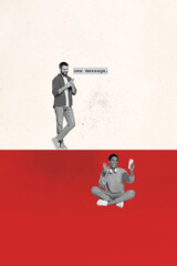 Obraz premium Vertical creative collage image of two friends communicate network video call wave hand modern technology red magazine surrealism metaphor