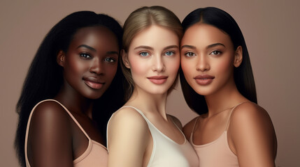 Beautiful women with beautiful faces. Skin care editorial. Three different types and colors of skin. Beige background. 