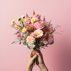 Girl's hands holding flowers bouquet on pink background