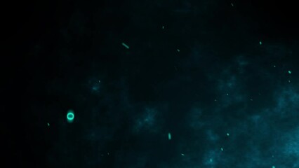 3D animation motion graphics fiery sparks firework hot embers glowing flying ember burning particles on black background seamless loop visual effect 4K teal blue