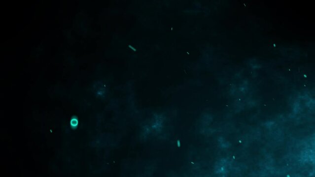 3D animation motion graphics fiery sparks firework hot embers glowing flying ember burning particles on black background seamless loop visual effect 4K teal blue