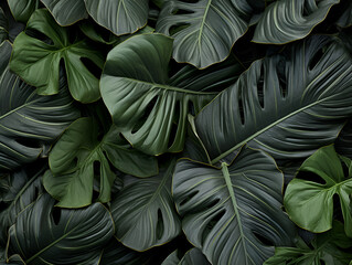 Textures of abstract gigantic dark green leaves