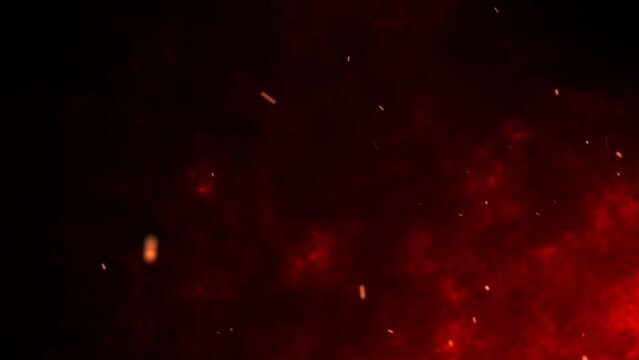 3D animation motion graphics fiery sparks firework hot embers glowing flying ember burning particles on black background seamless loop visual effect 4K red