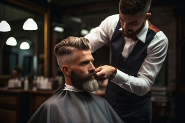 A professional barber skillfully executes a traditional men's haircut, using meticulous tools and techniques for a precise, clean look, showcasing his artistry and mastery.
