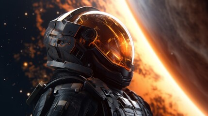 infinite black outer space, epic extreme long shot of an astronaut in a futuristic space suit suspended in the proximity of the sun, hyper realistic unreal, photorealistic, ultra detailed, cinematic