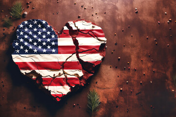 flat lay american flag in the shape of a heart with copy space. shattered heart. vintage background. AI generated - obrazy, fototapety, plakaty