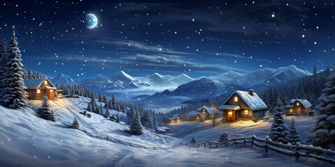 winter landscape with deer and snow beautiful landscape of the north pole with full moon and santa claus flying on his sleigh on christmas night