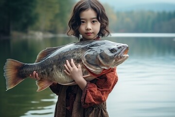 funny little girl holding a big fish in her arms