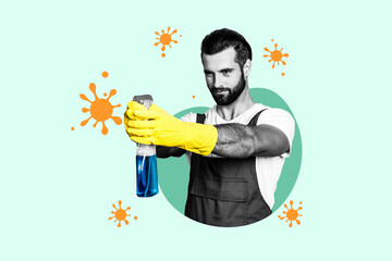 Sketch collage image of confident man hold two sprayer bottle pretend shoot isolated on drawing background