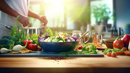 Joy of cooking healthy meals at home with fresh ingredients, cooking utensils, and a happy chef creating a nutritious