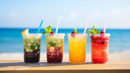 Variety of homemade bubble tea with tapioca pearls. Lime, mango, raspberry bubble teas with fruits and berries on summer seaside background.