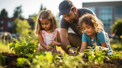 Family tending to the garden, harvesting fresh produce, source of healthy food