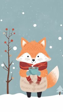 fox in winter with a cup of coffee