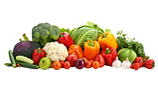 Seamless border consisting of colorful fresh vegetables and herbs. Isolated on transparent background, PNG file.